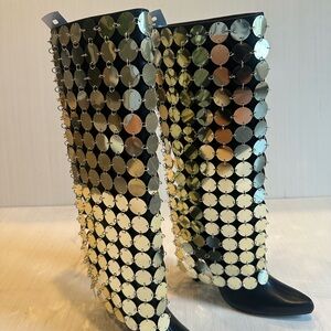 GOLD Sequin Chainmail Over-the-Knee Boots Black Pointed Toe Stiletto High Heels